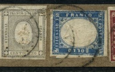 Italian Ancient States - Sardinia 1863 - Italy. Splendid and rare four-color mixed postage. Noted c.40. lilac carmine in use - Sassone 19, 11a, 16Cb, 13Ea