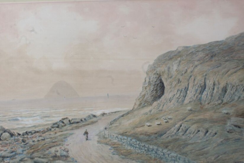 J. Alexander, figure walking along a seaside path, signed to bottom right, housed in a gilt and