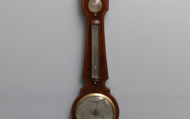 J. LONG, NO. 20, LITTLE TOWER STREET, LONDON: A MAHOGANY WHEEL BAROMETER, THERMOMETER HYGROMETER, FIRST HALF 19TH CENTURY.