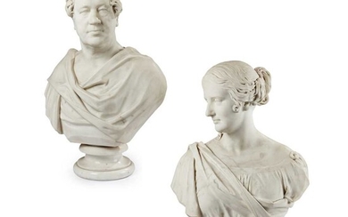 JAMES FILLANS (SCOTTISH 1808-1852) A PAIR OF WHITE MARBLE BUSTS OF JAMES AND JANE EWING OF STRATHLEVEN