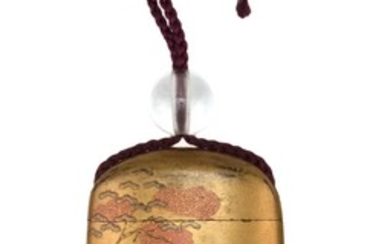 JAPANESE GOLD LACQUER FOUR-CASE INRO Decorated with two noblemen in a fall landscape. Length 3.4". Rock crystal ojime.