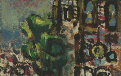 Jacob Wexler (1912-1995) - Figure on a Donkey in Urban Landscape , Oil on Canvas.
