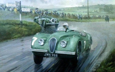 Jaguar XK120 #7 Stirling Moss - Dundrod in Northern Ireland 1950 - Michael Turner. Giclée Print published from a gouache painting - Jaguar