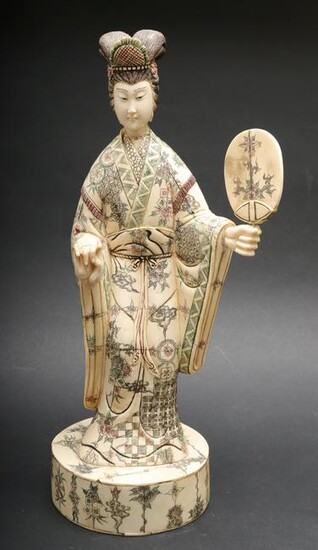 Japanese Carved Bone "Woman with Fan" Sculpture