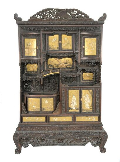 Japanese Meiji carved and painted cabinet having gilt