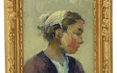 Jean-Bertrand PEGOT-OGIER (1877-1915) "Portrait de jeunne fille bretonne", oil on cardboard, signed lower left, 15 x 9,5 cm