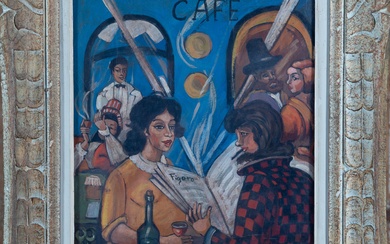 Jenö REMSEY (1885-1980). Café parisien. Huile sur carton signée, située à Paris en bas à...