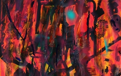 Jens Birkemose: Compositon. Signed B. Oil on canvas. 79×99 cm.
