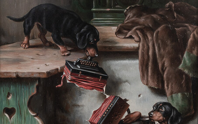 Johann Hartung (German, 1836-1918) Two Paintings of Dachshunds at Play