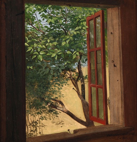 Julius Exner: “Værnedamsvej”. A view from an open window. Signed and dated Exner Værnedamsvej 1845. Oil on paper laid on canvas. 27×25.5 cm.