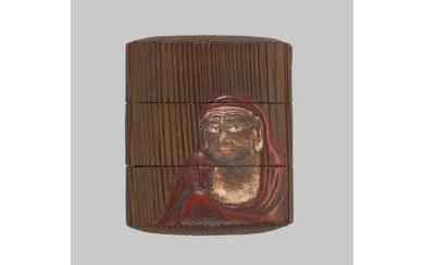 KAN: A CERAMIC AND LACQUER-INLAID WOOD TWO-CASE INRO WITH DARUMA