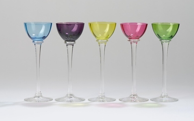 Koloman Moser, five liqueur glasses, commissioned by E. Bakalowits & Söhne, Vienna, 1900, executed by Bohemian manufactory, c. 1900