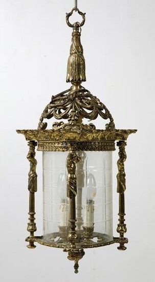 Lantern in gilded metal and engraved glass, med.20th c.