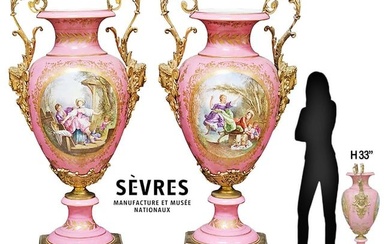Large 19th C. Louis XVI Style Pair Of Pink Sevres Porcelain Bronze Figural Mounted Vase, Singed By A