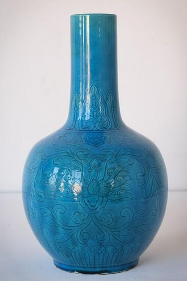 Large Chinese Turquoise Glazed Lotus Bottle