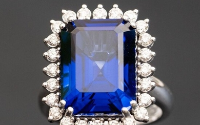 Large Emerald Sapphire Diamond Ring - 14 kt. White gold - Ring - 12.84 ct Sapphire - 1.36 ct Diamonds D VVS