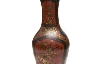 Large Japanese Black and Red Lacquered Pottery Vase