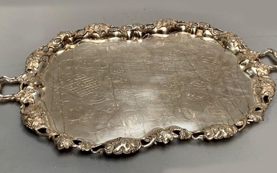 Large SERVICE TRAY in silver plated metal, the openwork border...