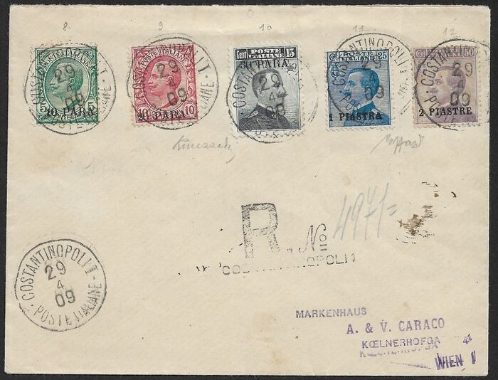 Levant (Italian post offices from 1874 to 1923) 1906/1908 - Constantinople - 2nd issue on registered letter from Constantinople to Vienna