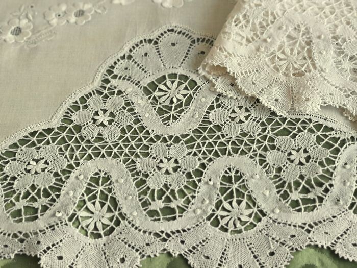 Linen Bedding Set, Sheet and Pillowcase, Manual Lace - 280 x 265 cm (2) - Linen - First half 20th century