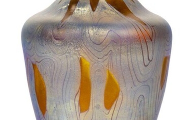 Loetz (Austrian), an iridescent Phaenomen glass vase, c.1900, PG 29, ground out pontil, The baluster form decorated with silvery-blue shaped banding on a bronze-coloured ground, the inside of the neck also decorated in silvery-blue, 13.3 cm high...