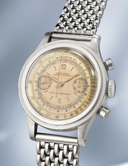 Longines, Ref. 4974 A very attractive and large stainless-steel chronograph wristwatch with “sandwich” dial and steel bracelet