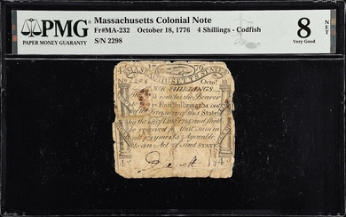 MA-232. Massachusetts. October 18, 1776. 4 Shillings. PMG Very Good 8 Net. Repaired.
