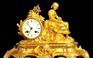 Mantel clock - French Empire 1855 "Allegory of Spring" Large gilt bronze clock signed "LINET Ainé" + "VINCENTI" - Empire - Gilt bronze - 1850-1900