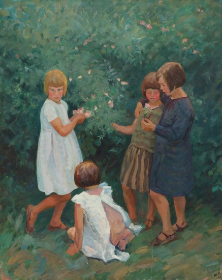 Max Nathan: Playing children. Signed and dated M. N. 32. Oil on canvas. 100×80 cm.