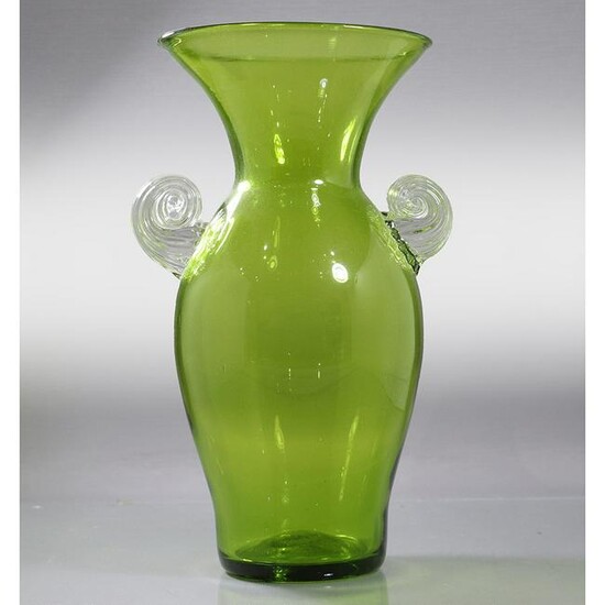 Mid-Century Modern Pale Green Glass Vase Applied Handle