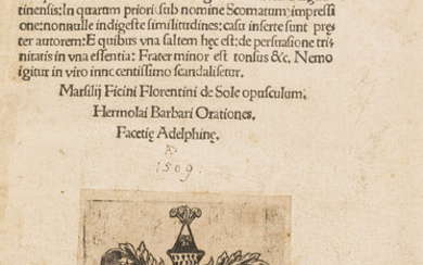 [Mülich (Johann Adolph)], "Joannes Adelphus". Margarita Facetiarum. Alfonsi Aragonum Regis Vafredicta Proverbia Sigismundi & Friderici tertii Ro[manorum], [Strasbourg], Johann Grüninger, [1509].
