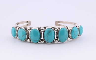 Native America Navajo Handmade Sterling Silver Turquoise Bracelet By P.Y.