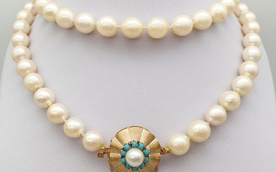 Necklace - 18 kt. Yellow gold Pearl - Turquoise