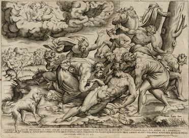 Nicolas Beatrizet (Luneville,, - Roma,, ) [attribuito a], Titius gigas vulture diversisq penis laceratus. Ovvero Incisore attivo a Roma alla met del XVI secolo. 1543 ca.