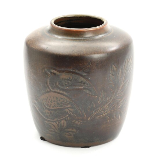 NOT SOLD. Nils Thorsson: Stoneware vase, decorated with brown glaze, exterior with flowers in relief. Signed. H. 21.5 cm. – Bruun Rasmussen Auctioneers of Fine Art