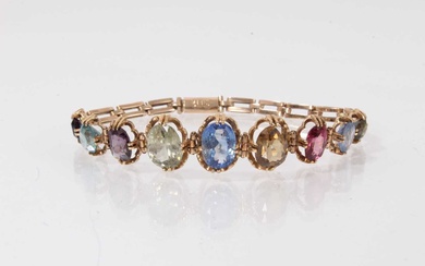 Nine stone multi-gem set bracelet on 14ct gold chain