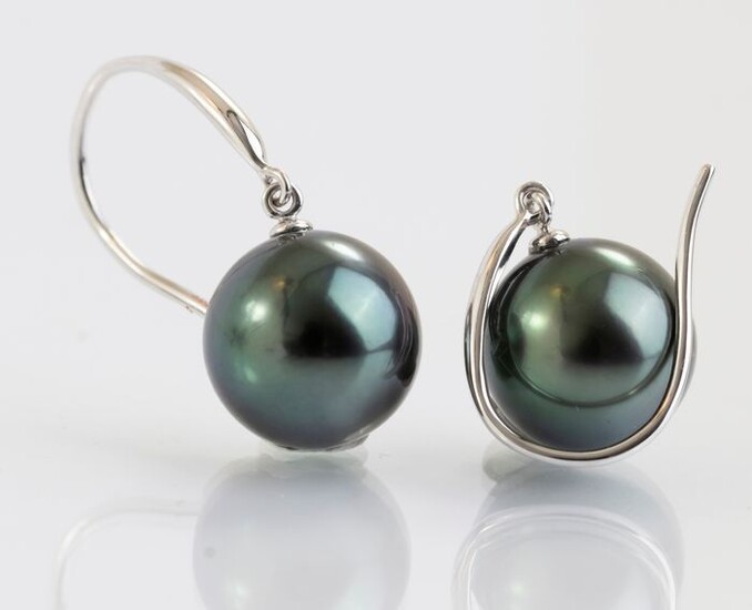 No Reserve Price - 14 kt. White Gold - 10x11mm Round Peacock Green Tahitian Pearls - Earrings