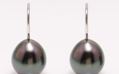 No Reserve Price - 18 kt. White Gold - 10x11mm Peacock Tahitian Pearl Drops - Earrings