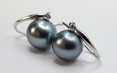 No Reserve Price - 9x10mm Round Silvery - 925 Silver, Tahitian pearls - Earrings