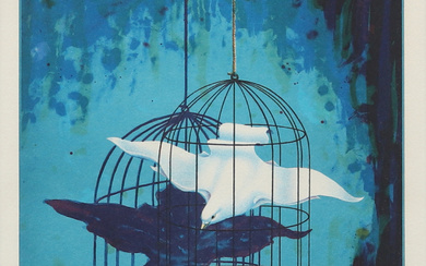 OLE AHLBERG. Caged bird, lithograph, signed, dated and numbered.