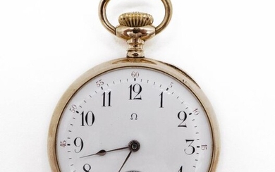 OMEGA POCKET WATCH in 18K rose gold. White enamel case back, Arabic numerals, seconds at 6 o'clock. Back engraved with the initials LG. French work. Signed and numbered Omega. Diameter: 4.5 cm. Gross weight : 70.45 gr. A gold pocket watch.
