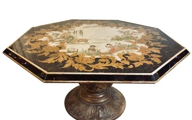 Octagon chinoiserie decorated mirror top low coffee table with carved wood base. Minor Damage to
