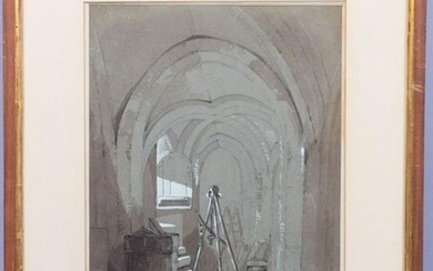 Old Master Style Framed Drawing Vaulted Interior Hall