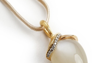 Ole Lynggaard: A necklace with a moonstone and diamond pendant set with a pear-shaped cabochon moonstone and brilliant-cut diamonds, mounted in 18k gold.