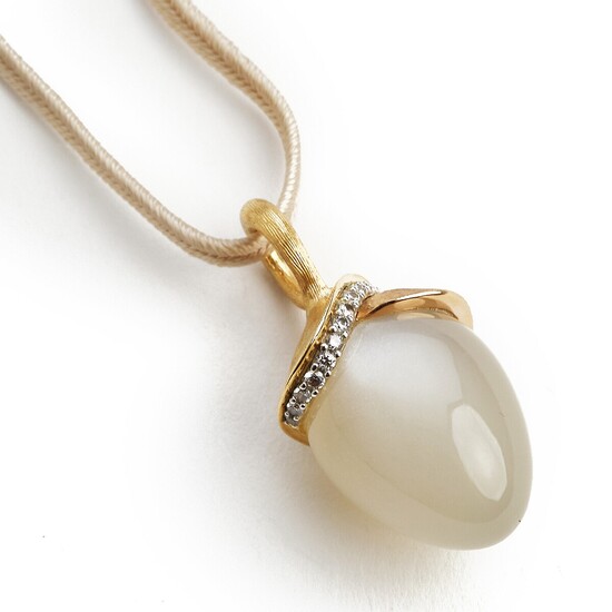 Ole Lynggaard: A necklace with a moonstone and diamond pendant set with a pear-shaped cabochon moonstone and brilliant-cut diamonds, mounted in 18k gold.