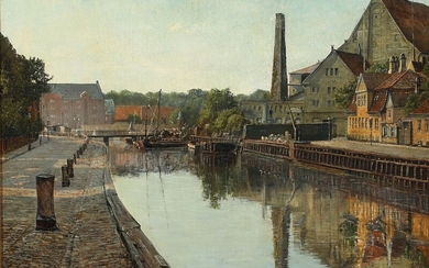 Ole Ring: A view of Frederiksholms Canal with Christianshavn in the distance. Signed Ole Ring. Oil on canvas. 36×42 cm.