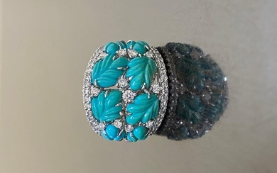 One of a Kind Handmade 18K White Gold Carved Turquoise Diamond Cocktail Ring