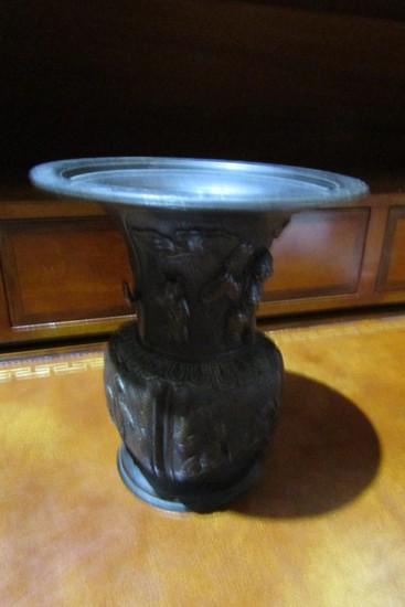 Oriental Bronze Flared Rim Vase with Various Incised and Emb...