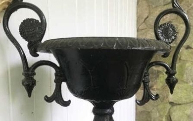 Ornate Antique Black Painted Cast Iron Garden Urn