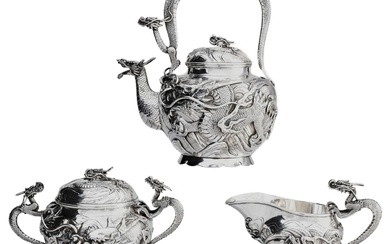 Oshima. Japanese silver tea set Dragon. Early 20th century.